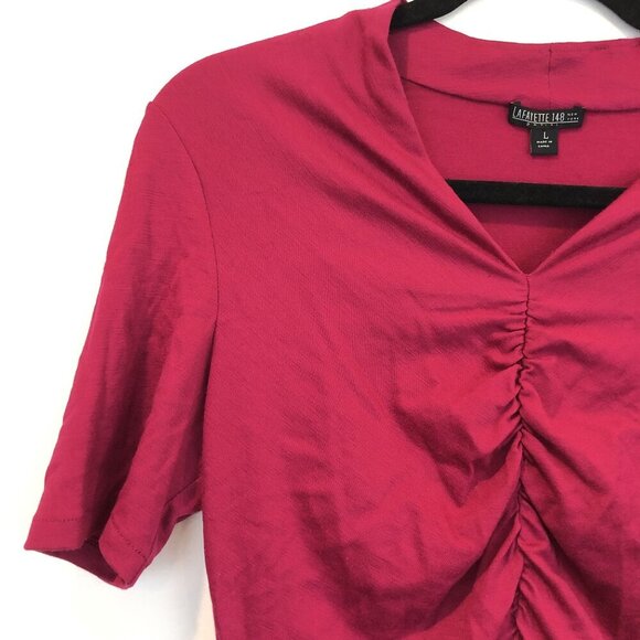 Lafayette 148 New York Ruched Front Short Sleeve Knit Wool Top Size L Flaw - Picture 6 of 11